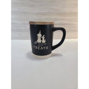 Halloween Mug “No Tricks Just Treats” Dog Cat Coffee Cup w/ Wood Lid Black
